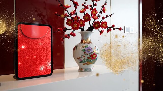 Stylized interior shot of a red envelope, flowers, and decorations. Ideal for Chinese New Year promotion, cultural celebration marketing, or family li