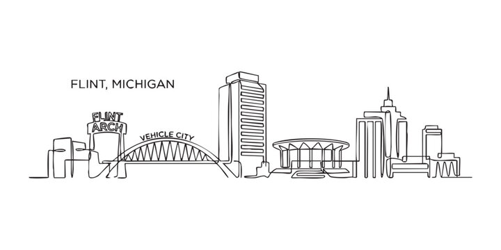 Flint, Michigan City Skyline Continuous Line Art with Vehicle City Arch