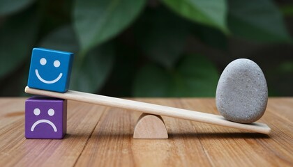 Blue purple wooden blocks featuring smiley faces, highlighting the importance of mental health and stress awareness