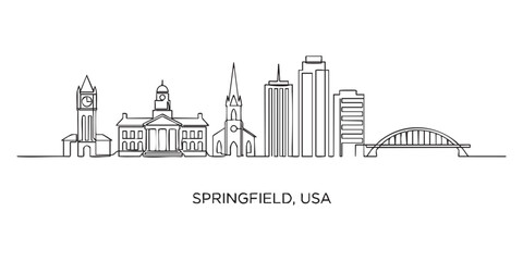Obraz premium Springfield, USA City Skyline Continuous Line Art with Clock Tower and Bridge