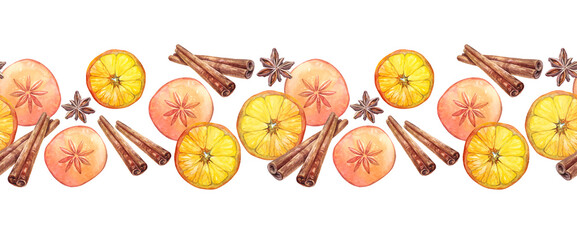 Watercolor seamless border with slice of persimmon and orange with condiment cinnamon on white background. Summer and autumn sweet food. Fruit for dessert. Cookbook. Recipe and wallpaper or wrapping