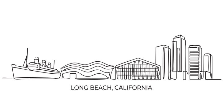 Long Beach, California City Skyline Continuous Line Art with Queen Mary Ship
