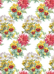 Watercolor seamless pattern with bouquet yellow pansy and red dahlia and chamomile on white background. Summer flower for botanical poster or celebration wedding card. Art for wallpaper or wrapping