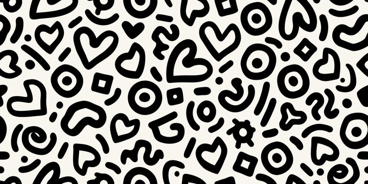 Abstract black and white doodle pattern with various playful shapes