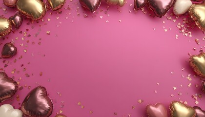 Metallic heart shaped balloons and scattered confetti frame a vibrant magenta background for copy space