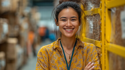 Obraz premium Smiling Female Employee Portrait in Warehouse: Embracing Diversity and Teamwork in the Modern Retail Logistics Industry