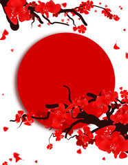 Frame card copy space template with red plum blossom branch and circle banner on transparent background.