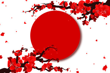 Plum blossom tree branch with red circle banner isolated on transparent background.