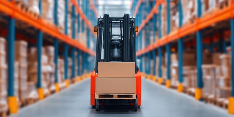 Cross border trade, A forklift transporting boxes in a warehouse aisle, surrounded by stacked parcels, showcasing an organized storage environment.