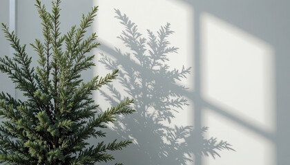 Obraz premium Evergreen tree casting a shadow on a wall near a window with natural light with plant and indoor and decor and home and interior and seasonal