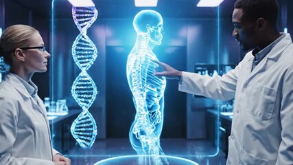 Two scientists in lab coats examining a futuristic holographic human skeleton and dna structure in a modern laboratory setting with various equipment - Powered by Adobe
