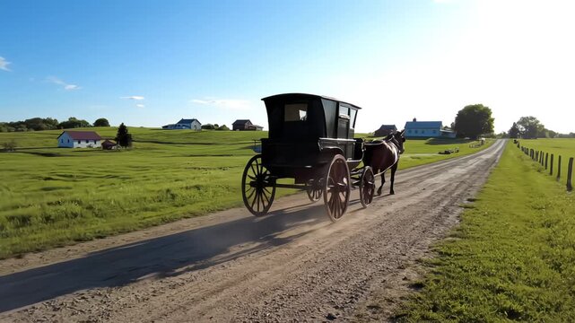 A traditional horse-drawn buggy travels down a gravel country road, passing rolling green fields and farmhouses under a clear blue sky on a sunny day