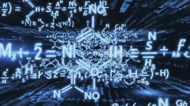 Closeup of dna double helix structure with molecular and chemical formulas in the background, representing genetic code and biotechnology concepts