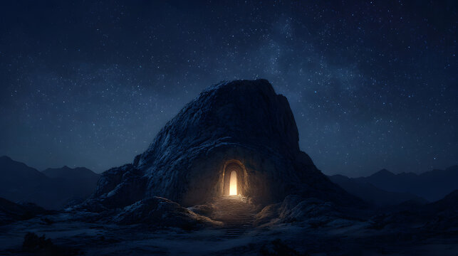 A solitary illuminated cave entrance in a dark mountainous landscape under a starry night sky light