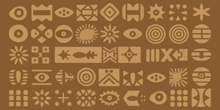 A collection of ancient stylized symbols and geometric patterns in a uniform tone