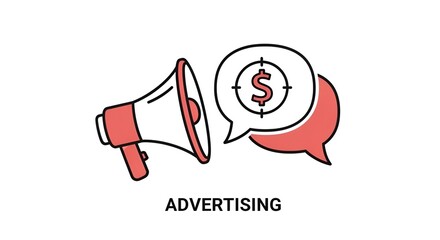An advertising megaphone illustrates a business concept with a dollar sign target.