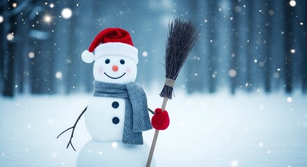 A cheerful snowman wearing a Santa hat holds a broom in a snowy forest on a winter day.