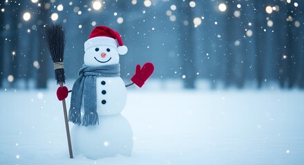 A cheerful snowman wearing a red hat and scarf stands in a snowy forest on a winter day.