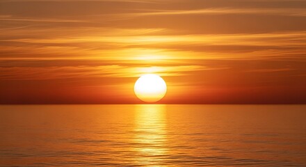 Sunset over calm ocean water with vibrant orange hues in the evening sky