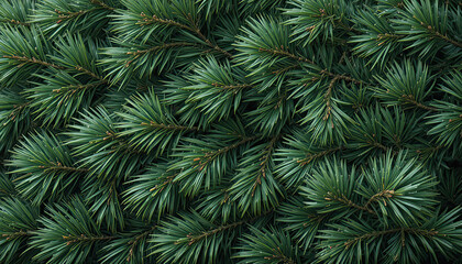 Close up of evergreen pine tree branches with lush green needles and soft natural light creating a serene forest texture background with natural background