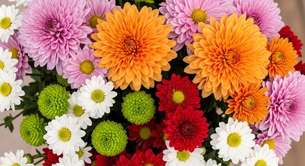 Vibrant bouquet of assorted Chrysanthemum and Daisies flowers on display