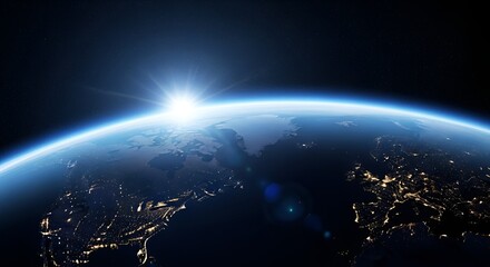 Sunrise over Earth from Space with City Lights