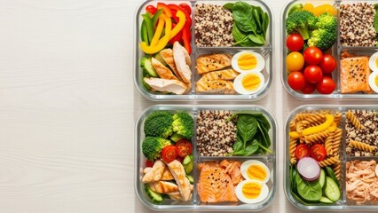 Top-down view of colorful balanced meal in meal prep containers, portioned for calorie deficit, wellness concept