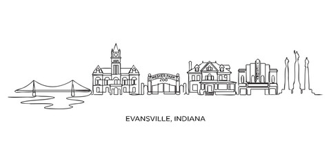 Fototapeta premium Evansville, Indiana City Skyline Continuous Line Art with Courthouse and Monument