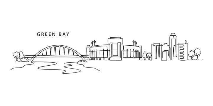 Green Bay, Wisconsin Skyline Continuous Line Art with Stadium and Bridge