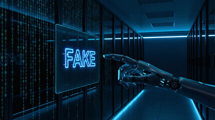 Digital fake news warning interface with robotic hand, representing misinformation detection, cyber security, online threats, media trust and digital awareness.