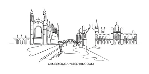 Fototapeta premium Cambridge, United Kingdom Skyline Continuous Line Art with College Chapel and Punt