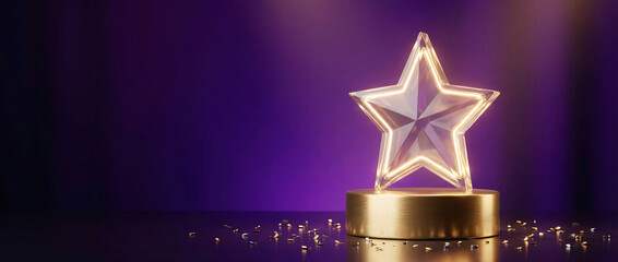 Golden star award trophy on podium, representing achievement, success recognition, excellence, winner celebration and professional accomplishment.