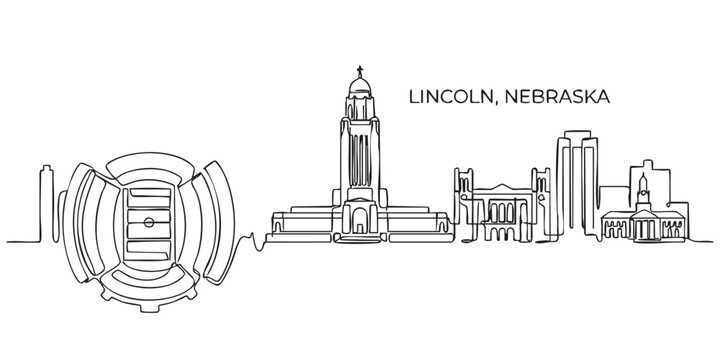 Lincoln, Nebraska City Skyline Continuous Line Art with Capitol and Stadium