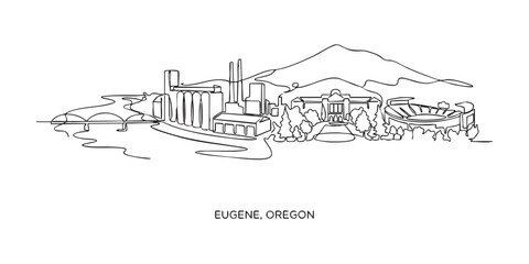 Obraz premium Eugene, Oregon City Skyline Continuous Line Art with Landmarks and Mountain