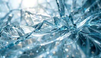 Shattered Glass Fragments Closeup with Ice Blue Hue.