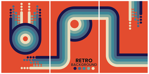 Retro Geometric Shapes in Warm Tones on Black Background Triptych