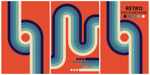 Retro Geometric Shapes in Warm Tones on Black Background Triptych