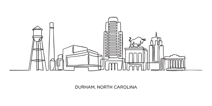 Durham, North Carolina City Skyline Continuous Line Art with Landmarks and Bull