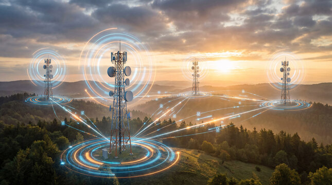 Telecommunication towers transmitting signals over landscape at sunrise, representing mobile connectivity, wireless communication, network coverage and digital infrastructure.