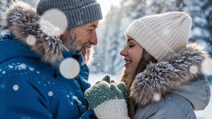 Couple in love smiling at each other in snowy forest wearing warm winter clothing and hats