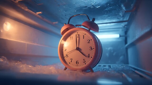 Pink alarm clock inside a frost-covered freezer with dramatic cinematic lighting. Concept of frozen time, deadline pressure, and preservation in a moody blue and orange atmospheric setting.