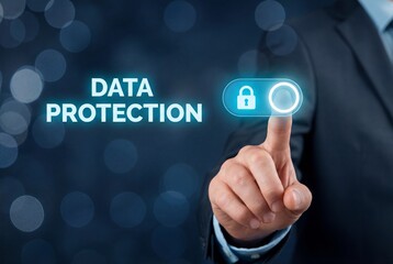 Obraz premium Businessman hand touching virtual data protection button with padlock icon for digital security