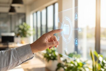 Professional hand selecting digital folder icon on holographic screen for document management concept