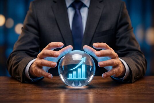 Businessman hands hovering over crystal ball with rising financial graph for market forecast