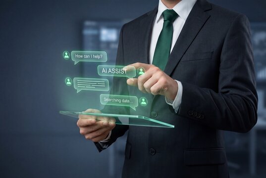 Professional man touching digital AI assistant speech bubbles on futuristic glass device - Powered by Adobe