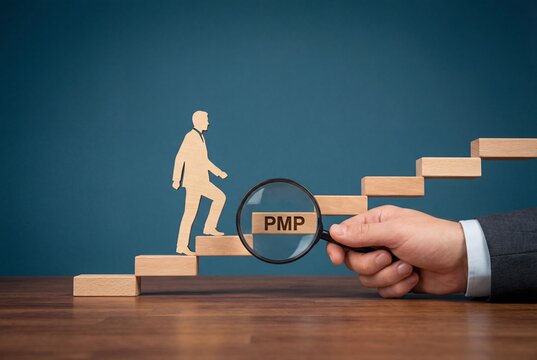 Hand holding magnifying glass focusing on PMP text on wooden stairs with climbing business figure