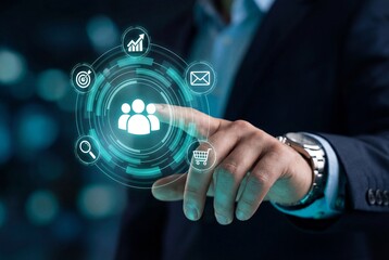 Businessman touching virtual screen with customer relationship management and human resources icons