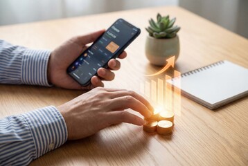 Man stacking gold coins on desk while using smartphone with glowing financial growth graph