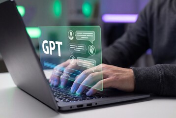 Man typing on laptop keyboard with futuristic green GPT hologram and artificial intelligence chat
