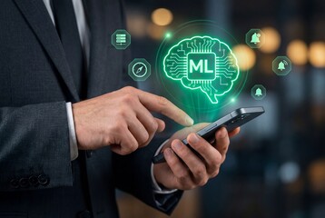 Businessman holding smartphone with glowing machine learning brain hologram and digital icons